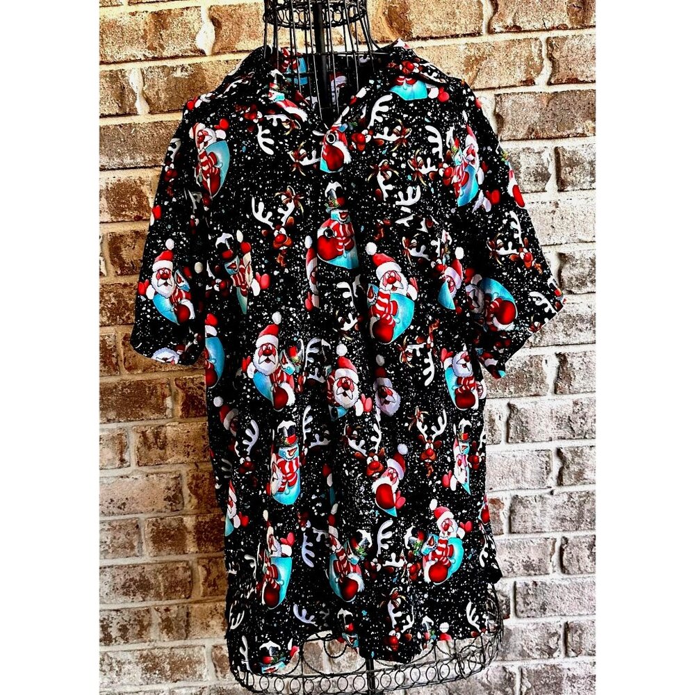 VTG King Kameha Santa Hawaiian Shirt Large Navy Blue Ugly Christmas Part…